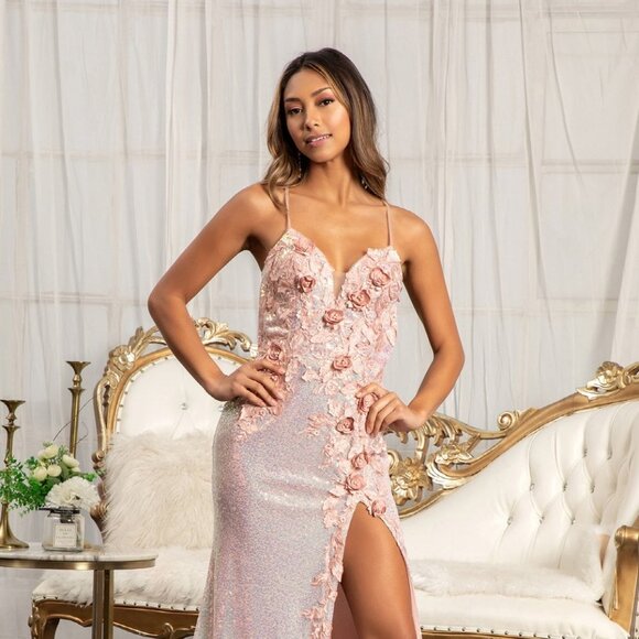 NEW LONG OFF THE SHOULDER SLEEVELESS SHEATH GOWN EMBROIDERED WITH SEQUINS GL3025 - Picture 1 of 14